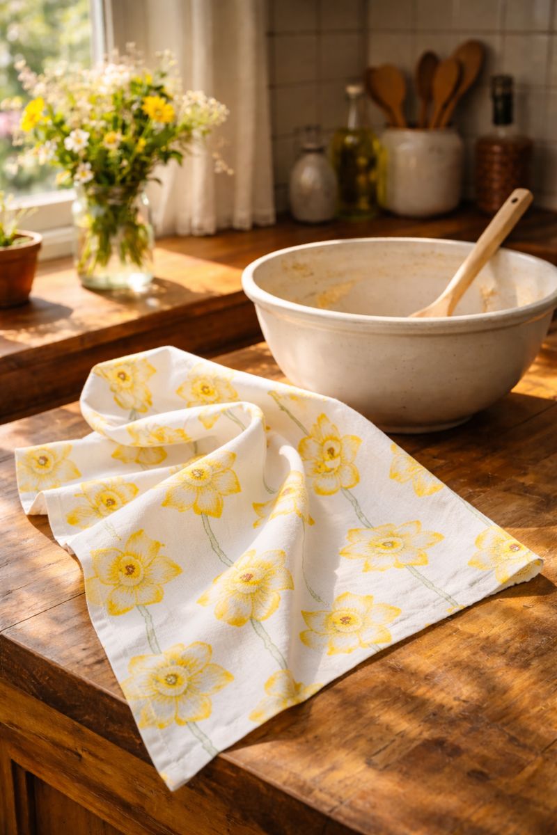 Sunny kitchen mixing bowl on wooden counter. Patterned towel nearby